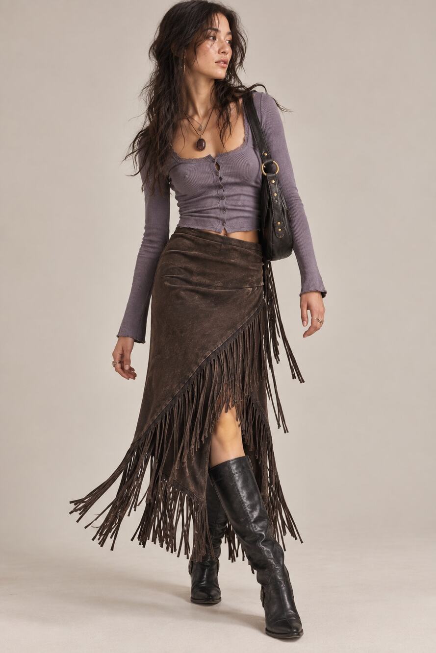 T-Party Mineral Wash Wrap Fringe Skirt S Western Boho Cowgirl Autumn Fall Y2K